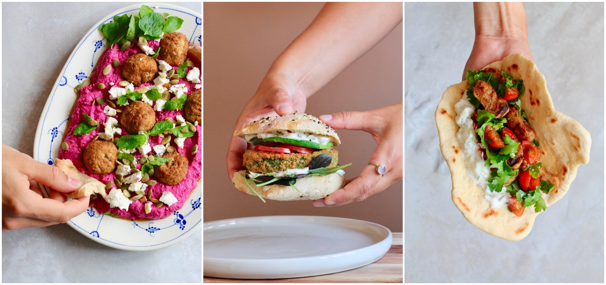 Inspiration til vegetarisk aftensmad: Burger med tartarsauce, rødbedehummus med falafler og gyros-wrap