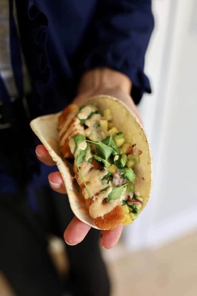 Halloumi tacos med paneret friteret halloumi, avocado, mango og chilimayo